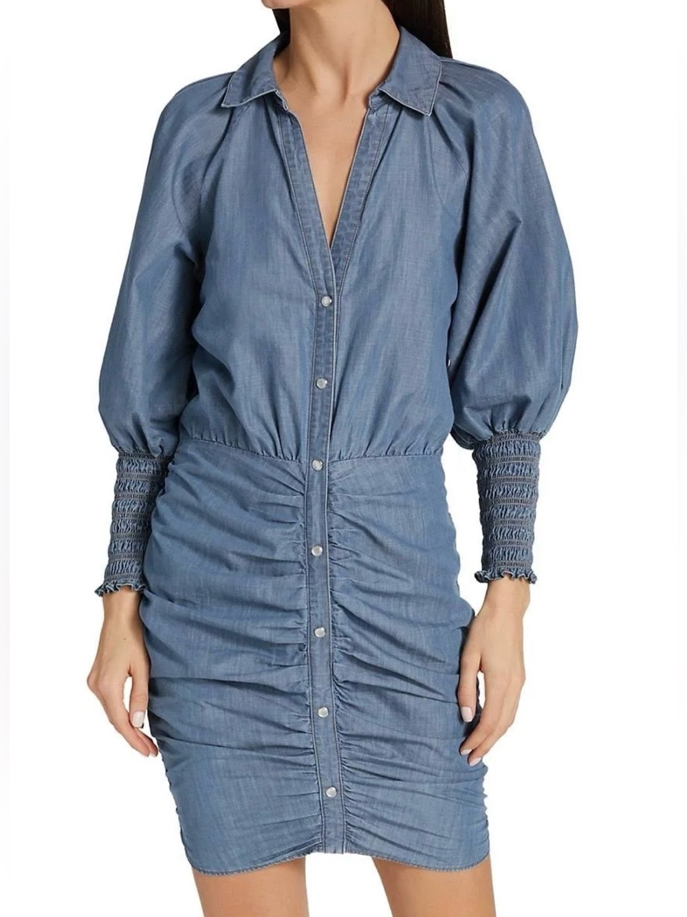 VERONICA BEARD Chambray Denim Ruched Puff LongSleeve SmockedCuff ShirtDress Sz 4